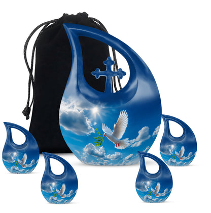 Misty Blue Dove Cremation Urn urn with complimentary velvet bag - cross and dove combined in spiritual memorial design - memorial set with one large and four small urns