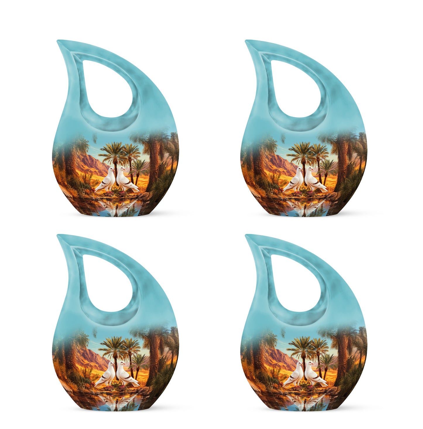 Soft Teal Dove Cremation Urn lifestyle display on memorial shelf - sacred cross merged with dove motif on metal - 10 inch aluminum urn for cremated remains