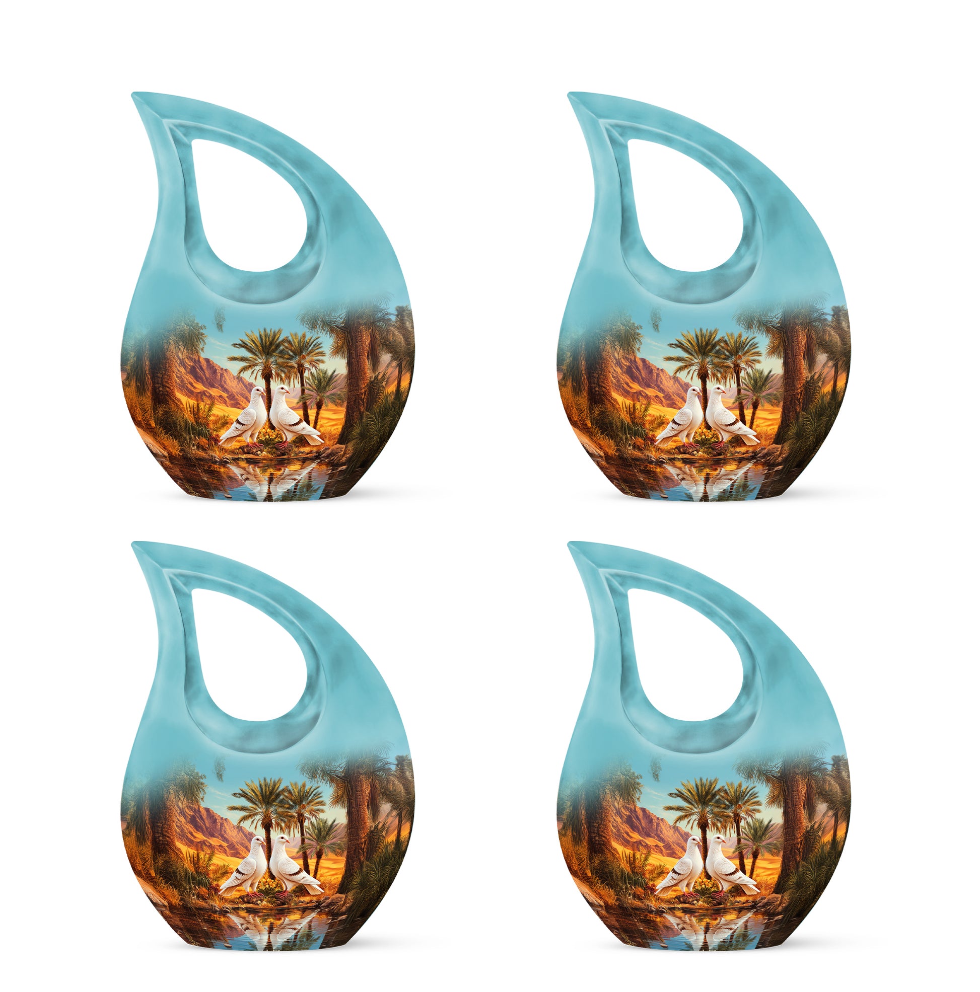 Soft Teal Dove Cremation Urn lifestyle display on memorial shelf - sacred cross merged with dove motif on metal - 10 inch aluminum urn for cremated remains