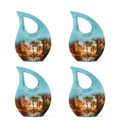 Soft Teal Dove Cremation Urn lifestyle display on memorial shelf - sacred cross merged with dove motif on metal - 10 inch aluminum urn for cremated remains