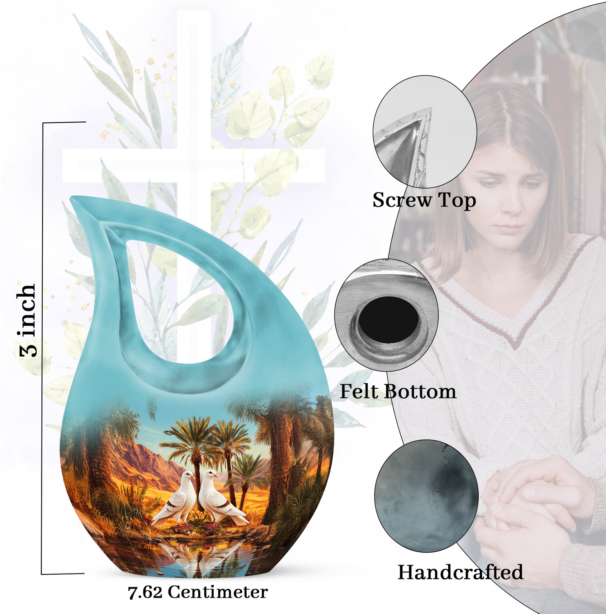 Tropical Teal Dove Cremation Urn back view with polished surface - devotional cross-drop dove engraving - mini keepsake memorial for portion of cremation ashes