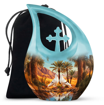 Ocean Teal Dove Cremation Urn top-down view of secure threaded lid - cross and dove combined in spiritual memorial design - full-size 10 inch 200 cubic inch adult cremation urn