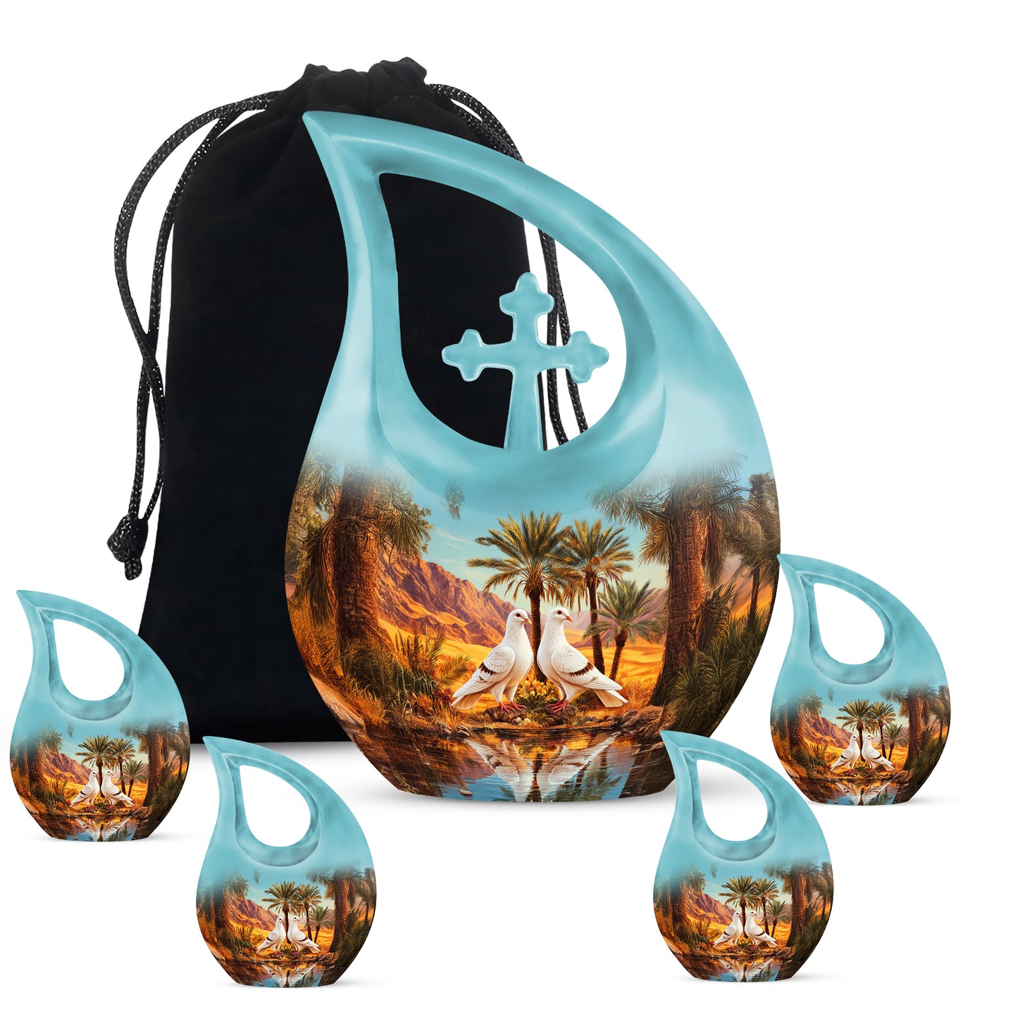 Jewel Teal Dove Cremation Urn urn with complimentary velvet bag - cross and dove combined in spiritual memorial design - memorial set with one large and four small urns