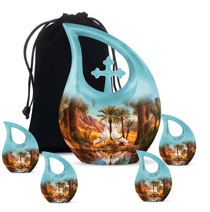 Jewel Teal Dove Cremation Urn urn with complimentary velvet bag - cross and dove combined in spiritual memorial design - memorial set with one large and four small urns
