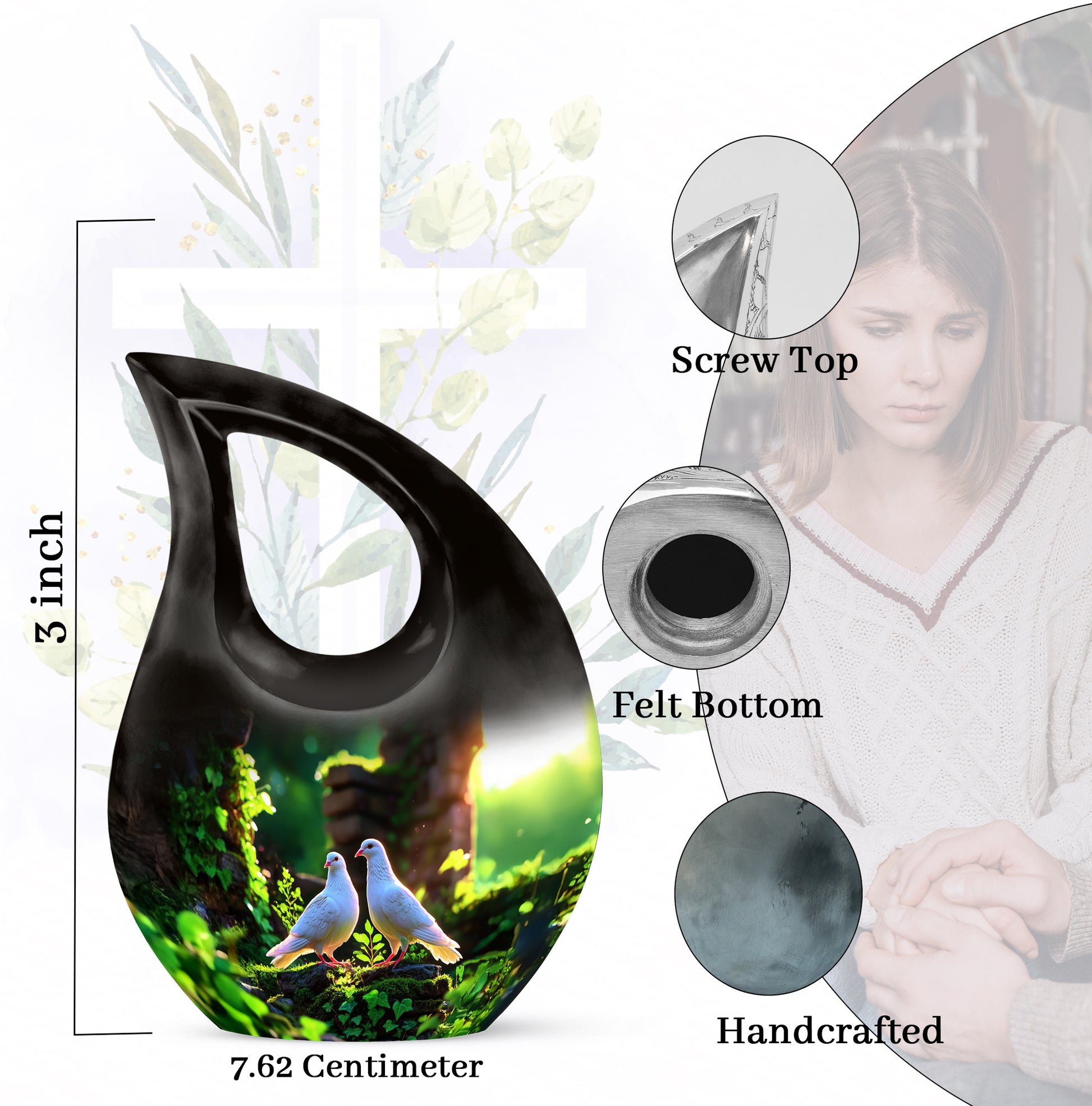 Verdant Green Dove Cremation Urn back view with polished surface - sacred cross merged with dove motif on metal - mini keepsake memorial for portion of cremation ashes