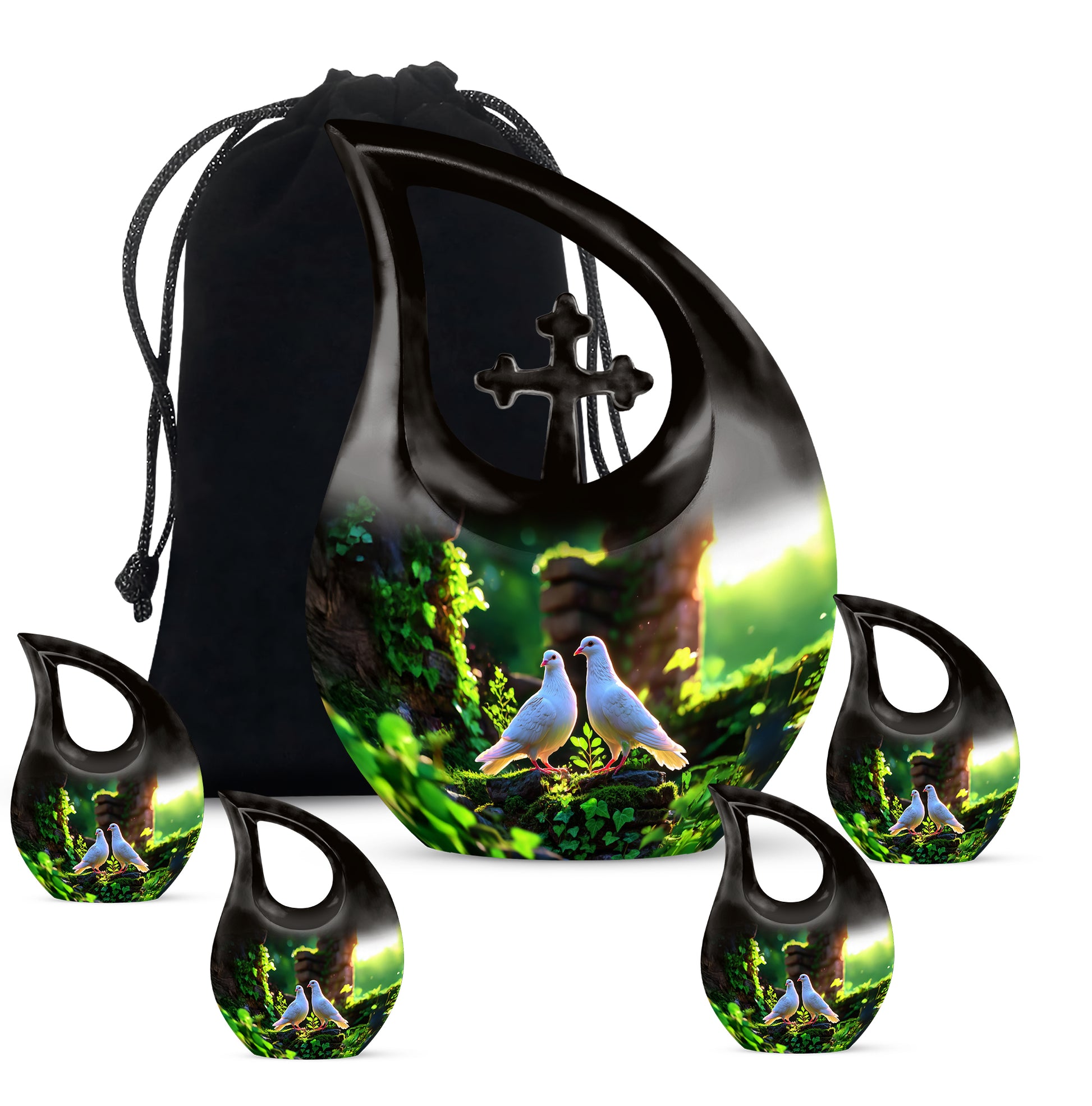 Verdant Green Dove Cremation Urn urn with complimentary velvet bag - cross and dove combined in spiritual memorial design - memorial set with one large and four small urns