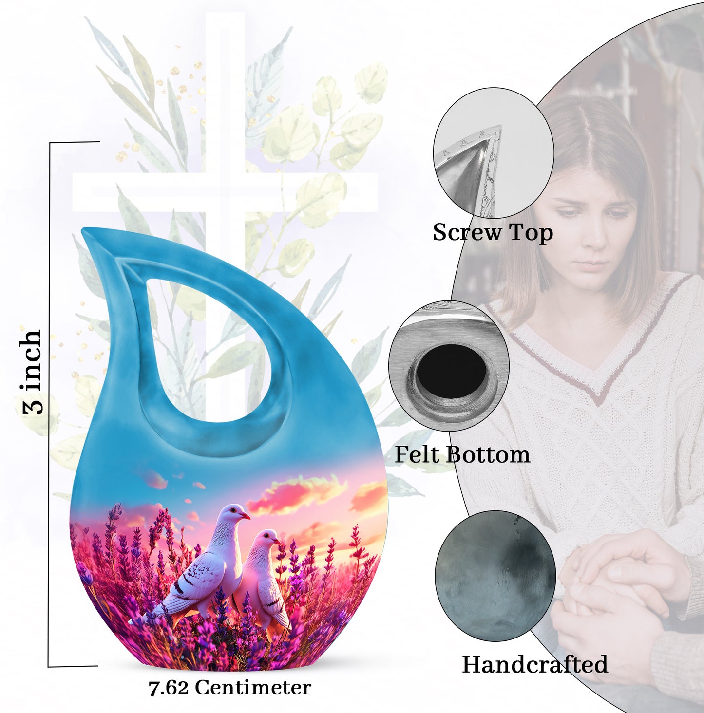 Icy Blue Dove Cremation Urn back view with polished surface - cross and dove combined in spiritual memorial design - mini keepsake memorial for portion of cremation ashes