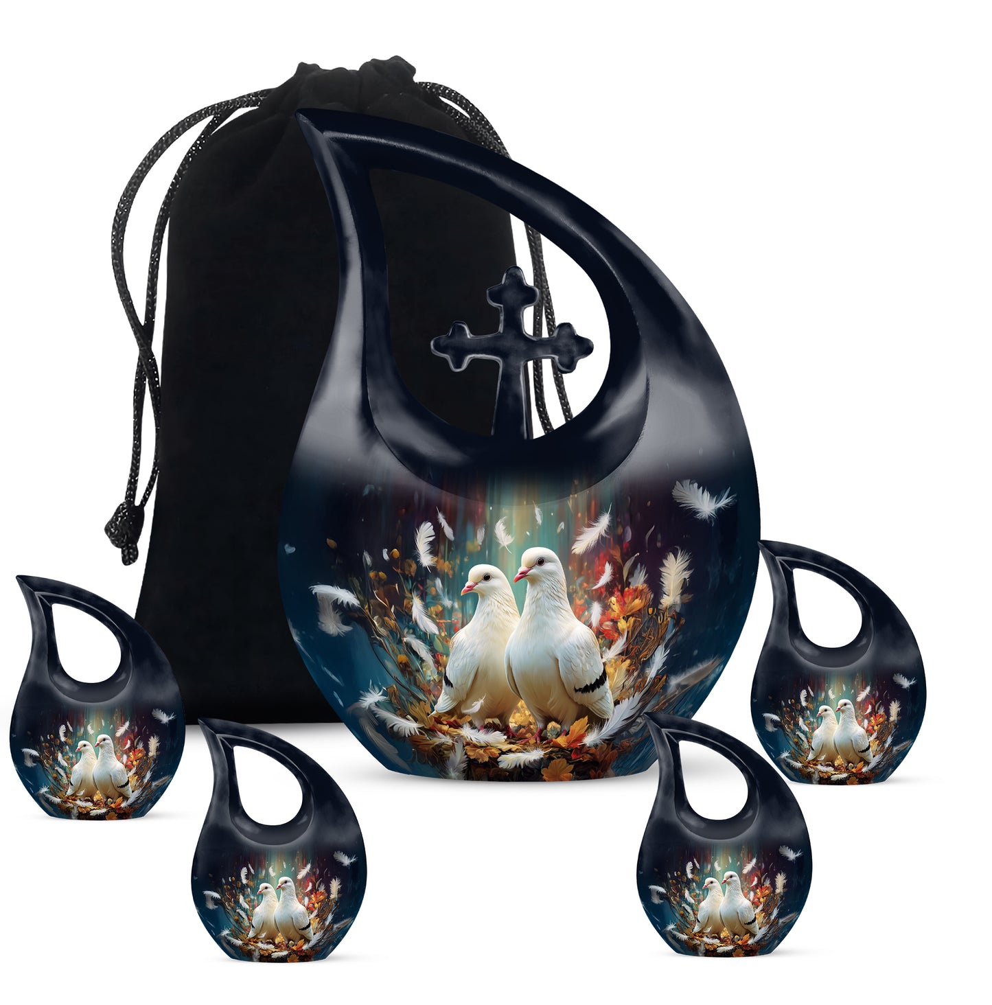 Glossy Black Dove Cremation Urn urn with complimentary velvet bag - cross and dove combined in spiritual memorial design - memorial set with one large and four small urns