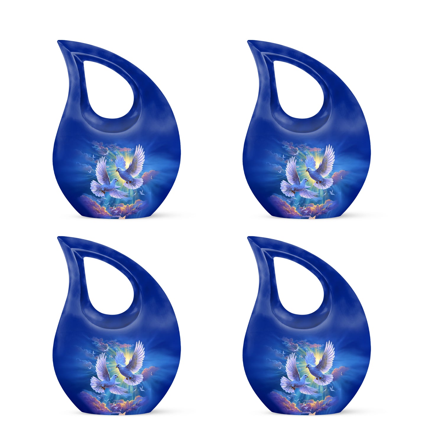 Powder Blue Dove Cremation Urn lifestyle display on memorial shelf - sacred cross merged with dove motif on metal - 10 inch aluminum urn for cremated remains