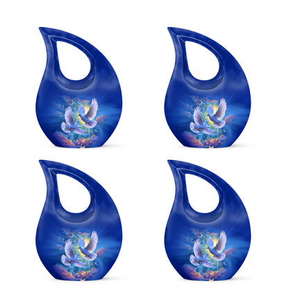 Powder Blue Dove Cremation Urn lifestyle display on memorial shelf - sacred cross merged with dove motif on metal - 10 inch aluminum urn for cremated remains