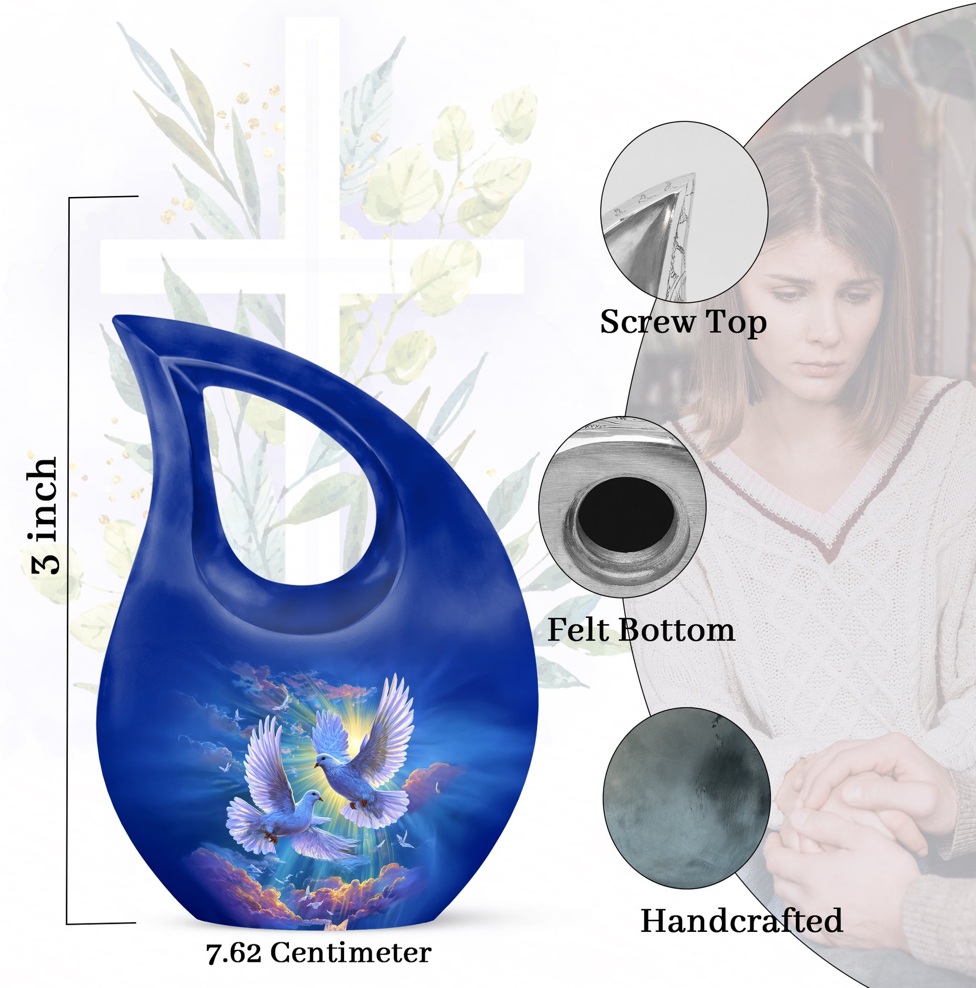 Icy Blue Dove Cremation Urn back view with polished surface - sacred cross merged with dove motif on metal - mini keepsake memorial for portion of cremation ashes