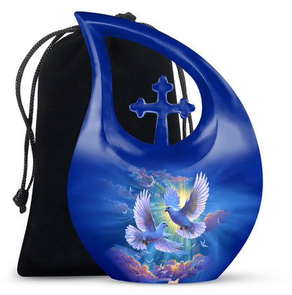 Sapphire Blue Dove Cremation Urn top-down view of secure threaded lid - faith-inspired cross-drop urn with dove pattern - full-size 10 inch 200 cubic inch adult cremation urn