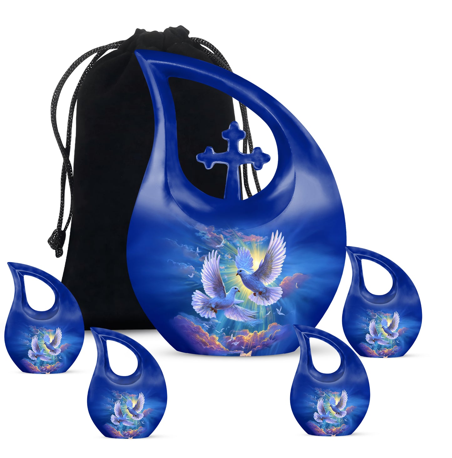 Calming Blue Dove Cremation Urn urn with complimentary velvet bag - devotional cross-drop dove engraving - memorial set with one large and four small urns