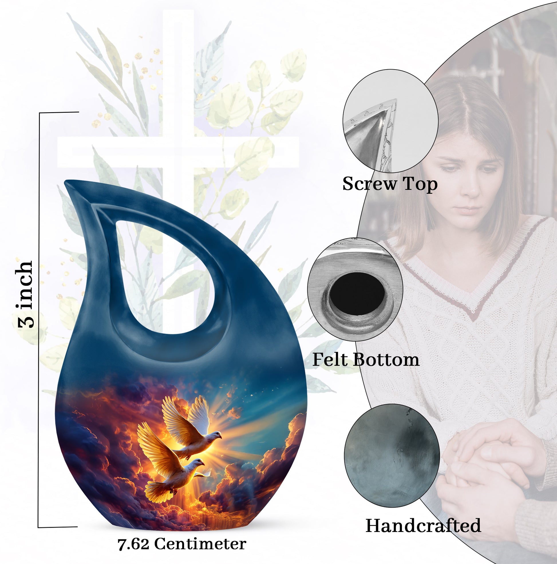 Steel Blue Dove Cremation Urn back view with polished surface - faith-inspired cross-drop urn with dove pattern - mini keepsake memorial for portion of cremation ashes