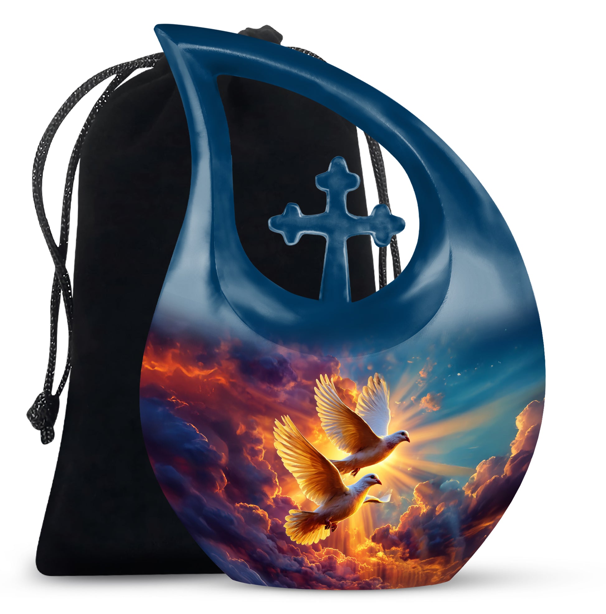 Steel Blue Dove Cremation Urn top-down view of secure threaded lid - devotional cross-drop dove engraving - full-size 10 inch 200 cubic inch adult cremation urn