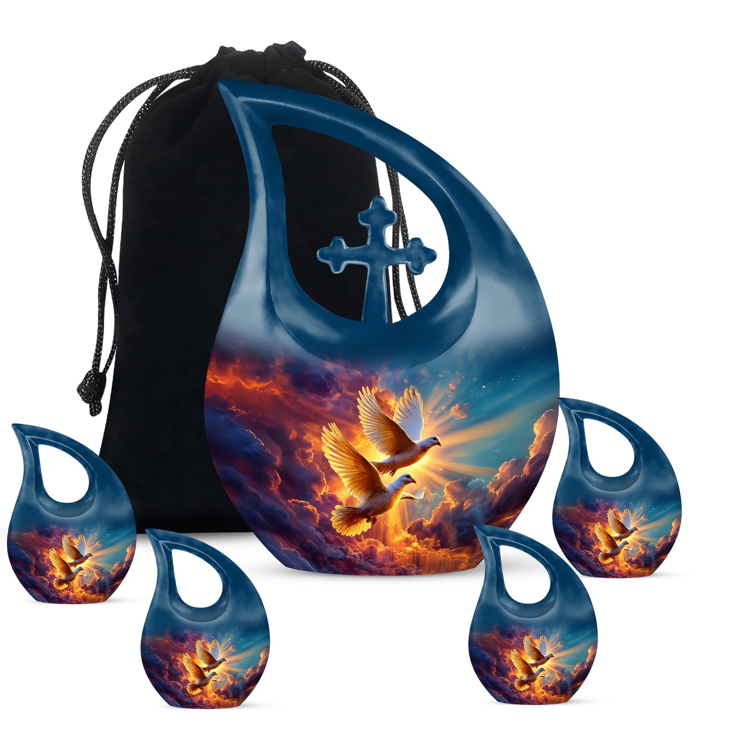 Slate Blue Dove Cremation Urn urn with complimentary velvet bag - sacred cross merged with dove motif on metal - memorial set with one large and four small urns