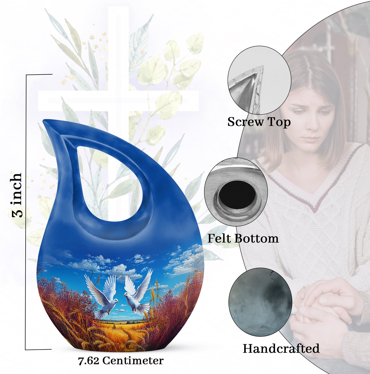 Twilight Blue Dove Cremation Urn back view with polished surface - faith-inspired cross-drop urn with dove pattern - mini keepsake memorial for portion of cremation ashes
