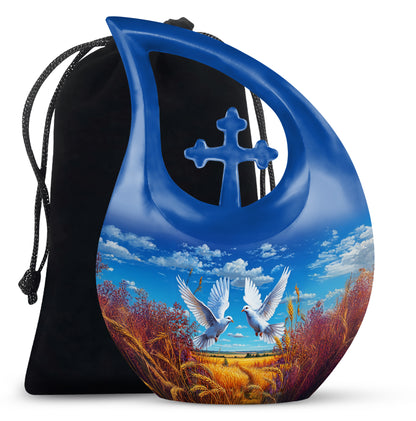 Icy Blue Dove Cremation Urn top-down view of secure threaded lid - cross and dove combined in spiritual memorial design - full-size 10 inch 200 cubic inch adult cremation urn