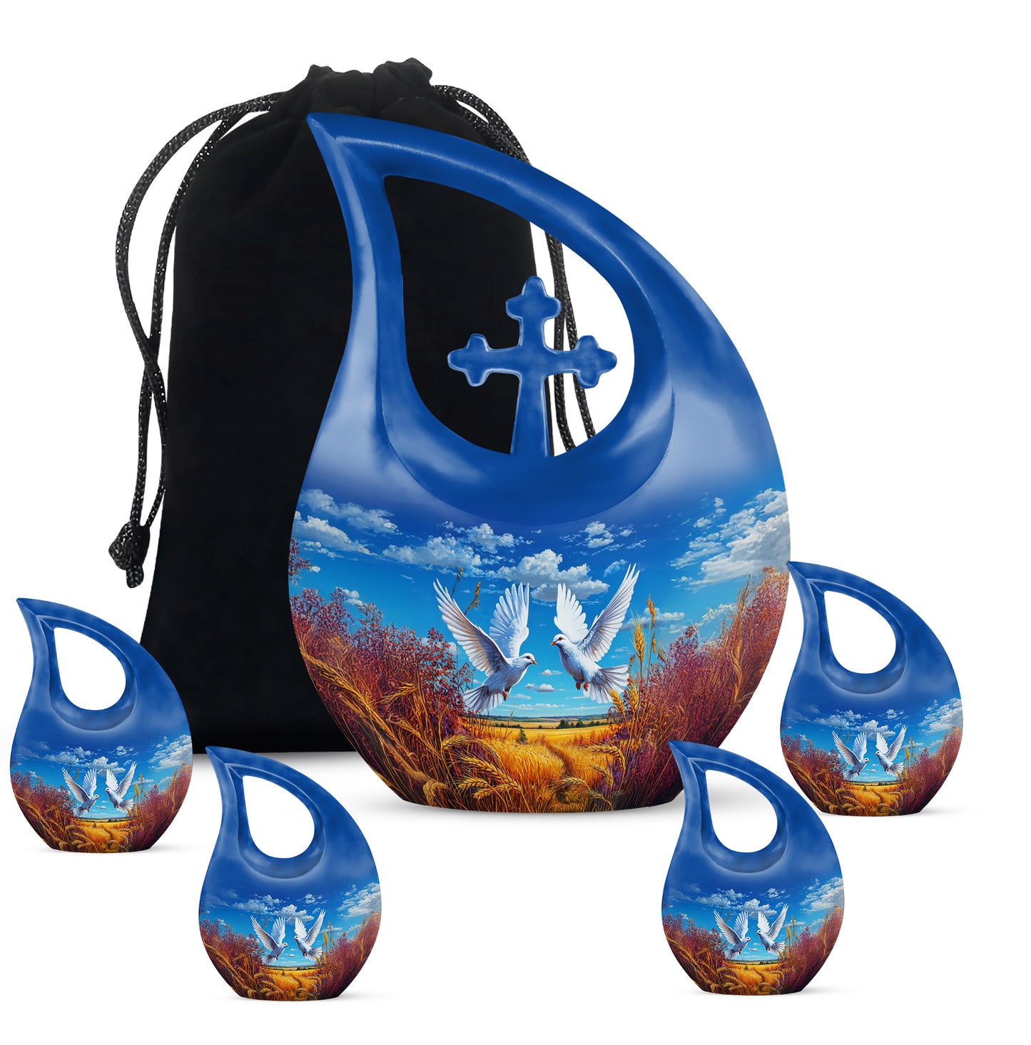 Bright Blue Dove Cremation Urn urn with complimentary velvet bag - devotional cross-drop dove engraving - memorial set with one large and four small urns