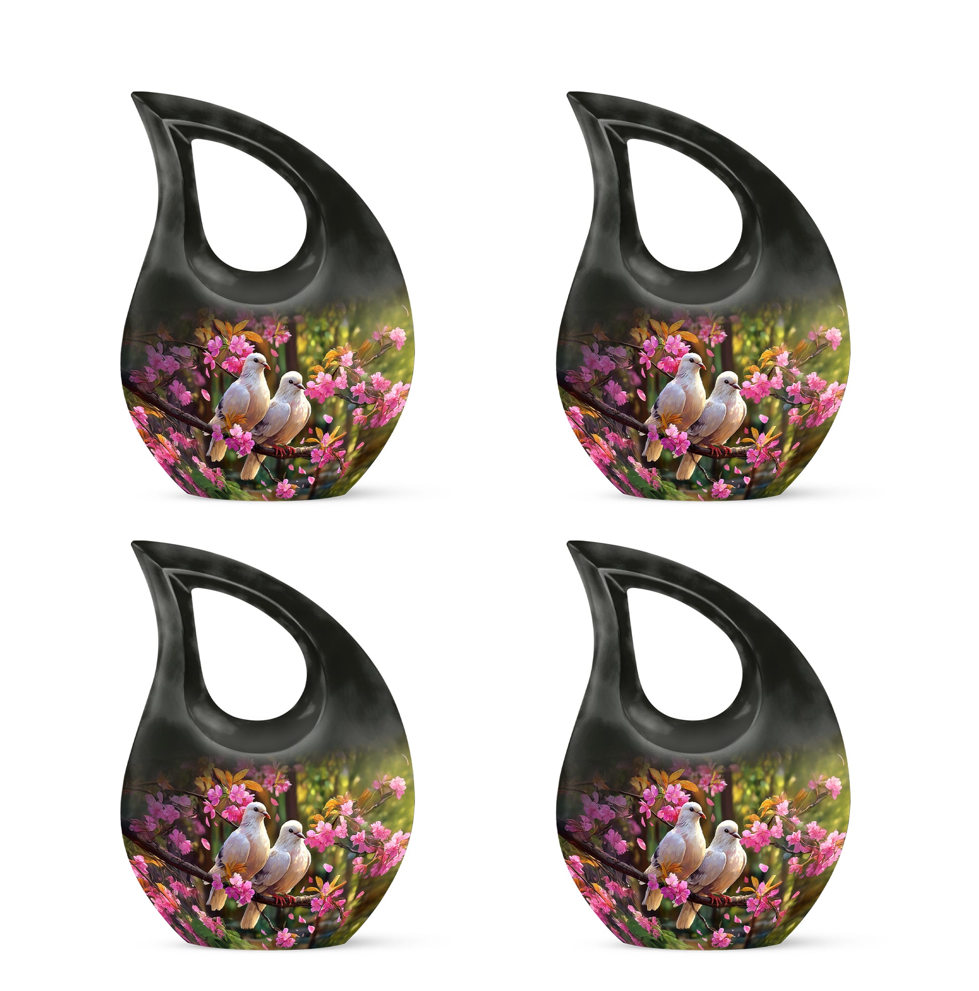 Charcoal Black Dove Cremation Urn lifestyle display on memorial shelf - faith-inspired cross-drop urn with dove pattern - 10 inch aluminum urn for cremated remains