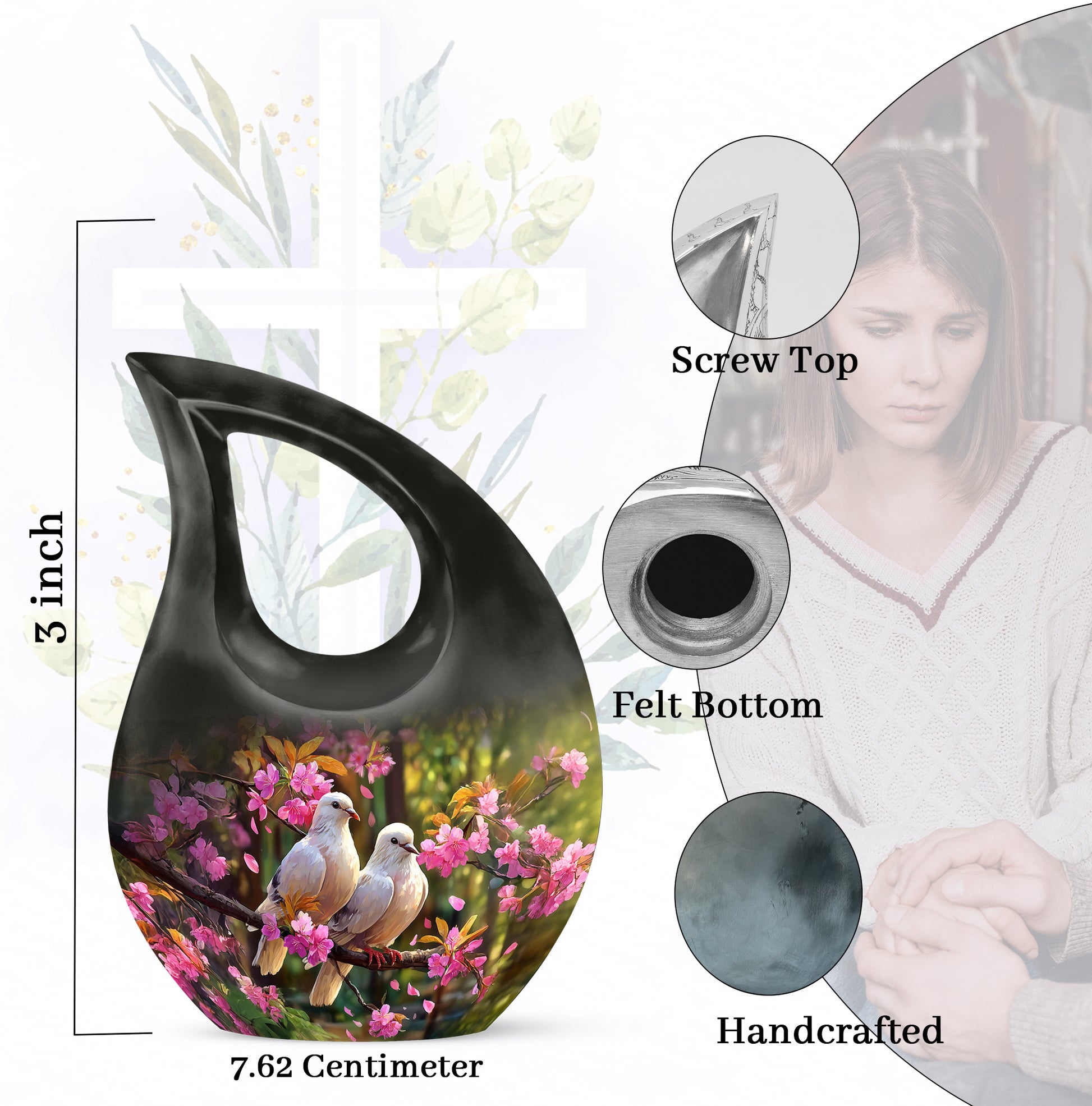 Jet Black Dove Cremation Urn back view with polished surface - sacred cross merged with dove motif on metal - mini keepsake memorial for portion of cremation ashes