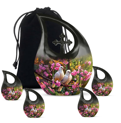 Charcoal Black Dove Cremation Urn urn with complimentary velvet bag - devotional cross-drop dove engraving - memorial set with one large and four small urns
