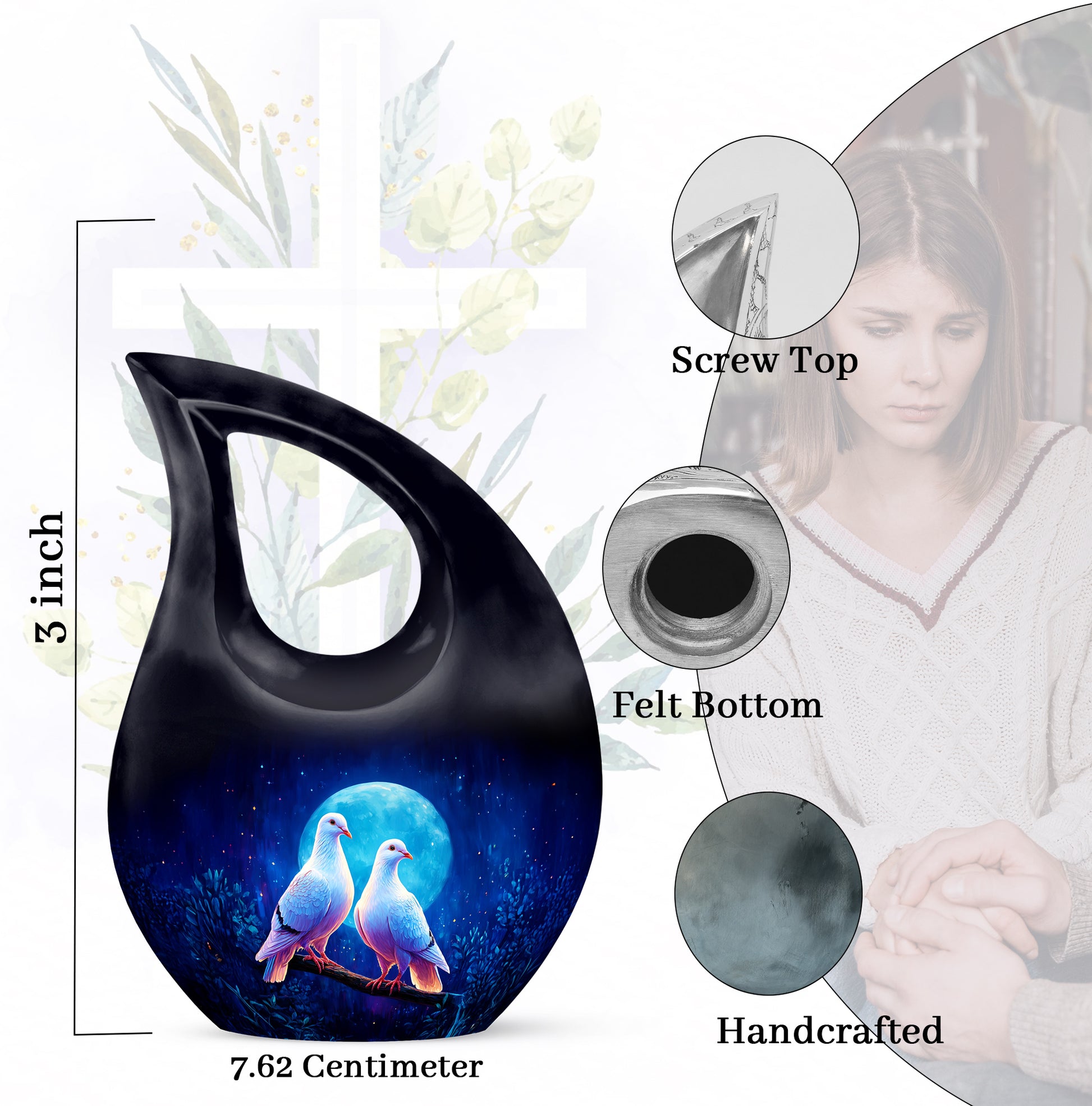 Royal Blue Dove Cremation Urn back view with polished surface - devotional cross-drop dove engraving - mini keepsake memorial for portion of cremation ashes