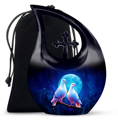 Powder Blue Dove Cremation Urn top-down view of secure threaded lid - sacred cross merged with dove motif on metal - full-size 10 inch 200 cubic inch adult cremation urn