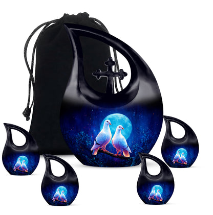Sapphire Blue Dove Cremation Urn urn with complimentary velvet bag - faith-inspired cross-drop urn with dove pattern - memorial set with one large and four small urns