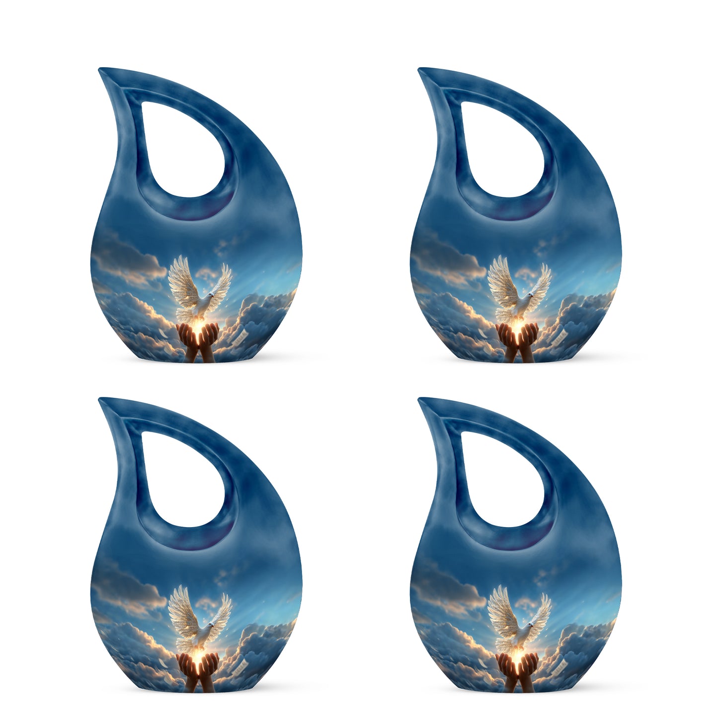 Calming Blue Dove Cremation Urn lifestyle display on memorial shelf - devotional cross-drop dove engraving - 10 inch aluminum urn for cremated remains