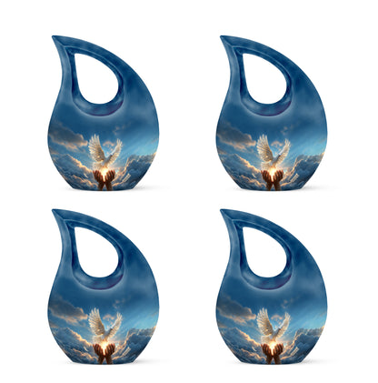 Calming Blue Dove Cremation Urn lifestyle display on memorial shelf - devotional cross-drop dove engraving - 10 inch aluminum urn for cremated remains