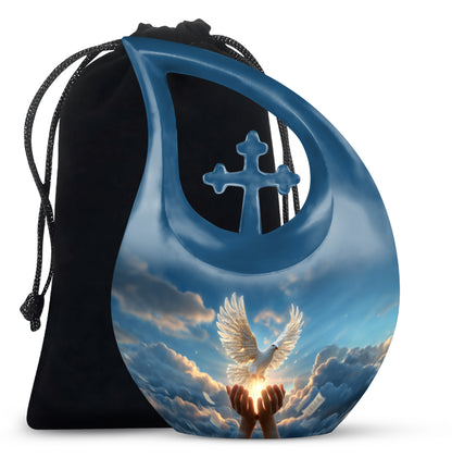 Sapphire Blue Dove Cremation Urn top-down view of secure threaded lid - devotional cross-drop dove engraving - full-size 10 inch 200 cubic inch adult cremation urn
