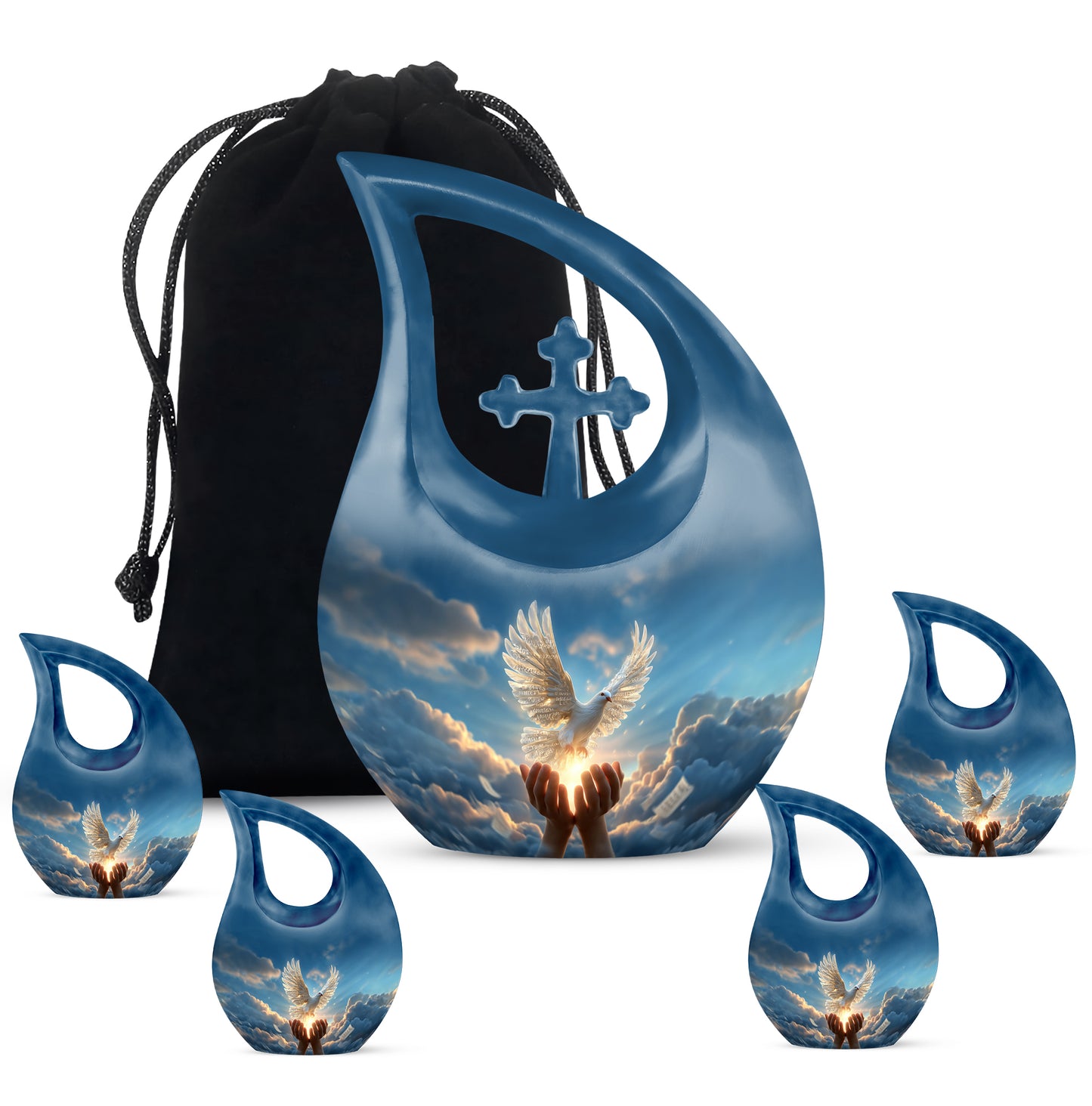 Sky Blue Dove Cremation Urn urn with complimentary velvet bag - cross and dove combined in spiritual memorial design - memorial set with one large and four small urns