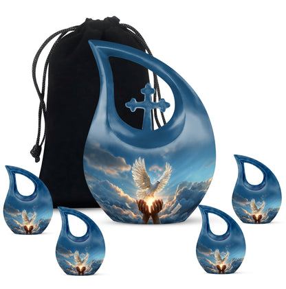 Sky Blue Dove Cremation Urn urn with complimentary velvet bag - cross and dove combined in spiritual memorial design - memorial set with one large and four small urns