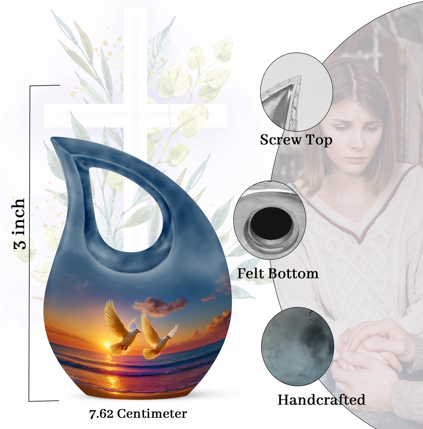 Dusty Blue Dove Cremation Urn back view with polished surface - cross and dove combined in spiritual memorial design - mini keepsake memorial for portion of cremation ashes