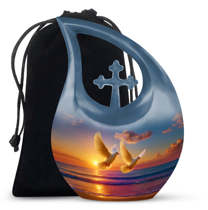 Steel Blue Dove Cremation Urn top-down view of secure threaded lid - devotional cross-drop dove engraving - full-size 10 inch 200 cubic inch adult cremation urn