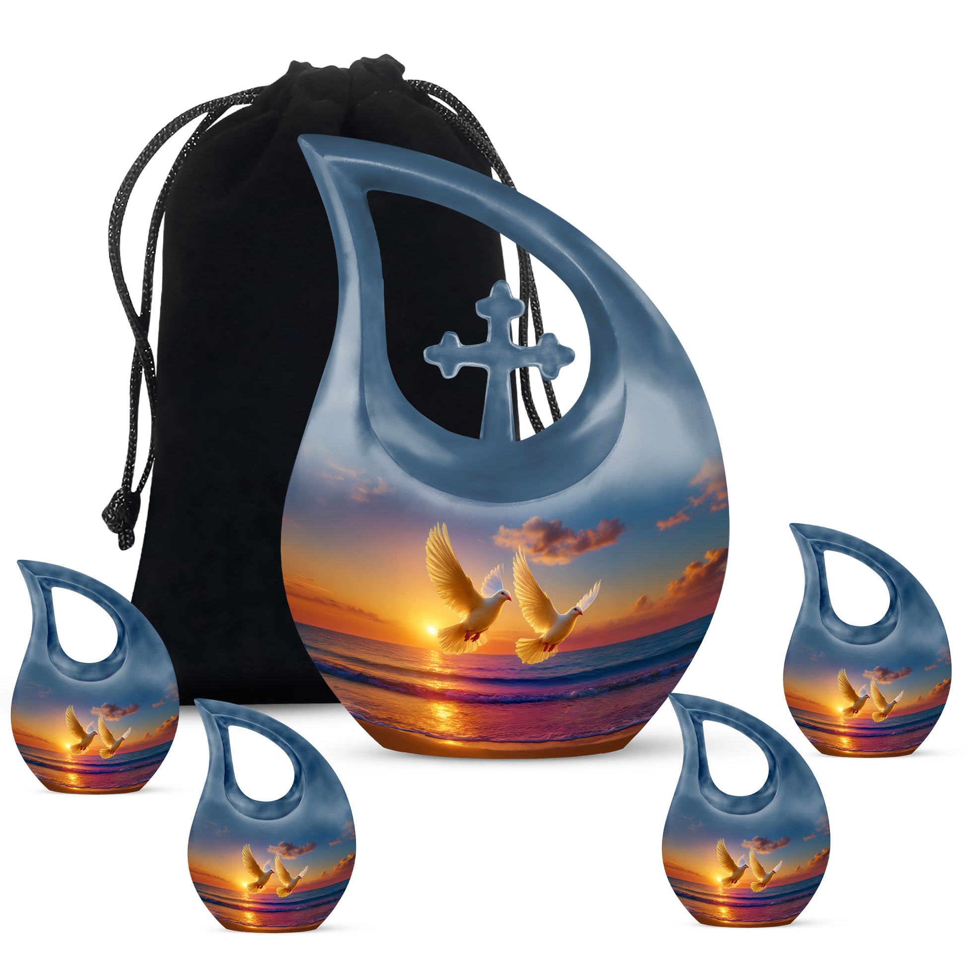 Indigo Dove Cremation Urn urn with complimentary velvet bag - cross and dove combined in spiritual memorial design - memorial set with one large and four small urns