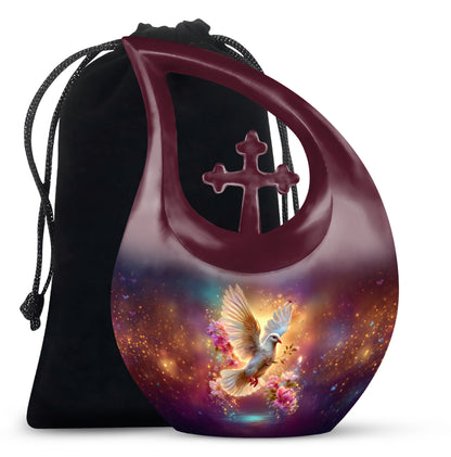 Serene Blue Dove Cremation Urn top-down view of secure threaded lid - devotional cross-drop dove engraving - full-size 10 inch 200 cubic inch adult cremation urn