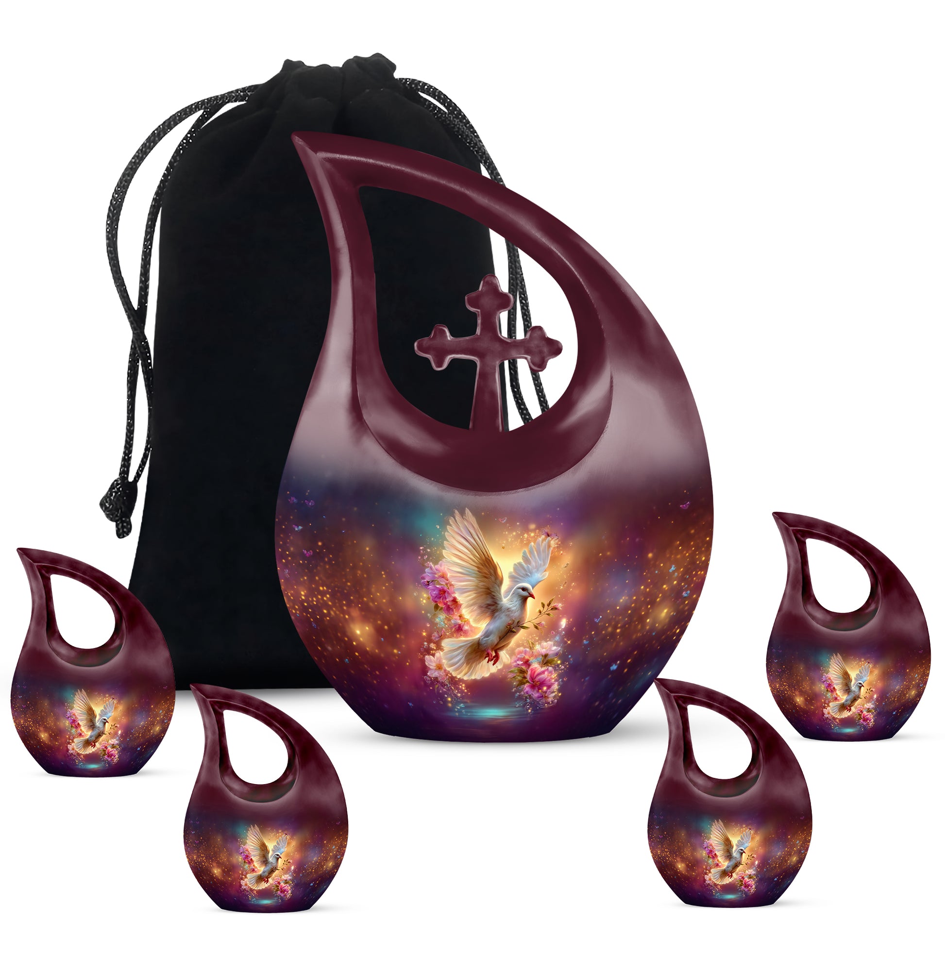 Sky Blue Dove Cremation Urn urn with complimentary velvet bag - cross and dove combined in spiritual memorial design - memorial set with one large and four small urns
