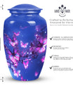 Elegant purple butterfly urn for human female ashes, ideal cremation urn for adult woman, suitable urns for mom burial.
