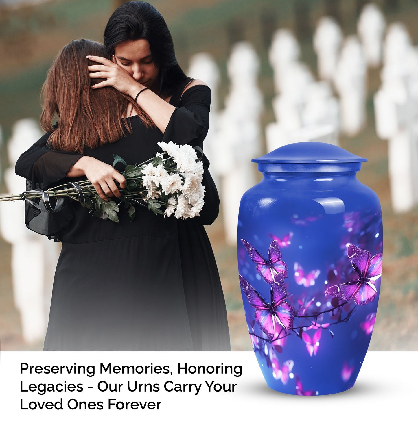 Elegant purple butterfly urn for human female ashes, ideal cremation urn for adult woman, suitable urns for mom burial.