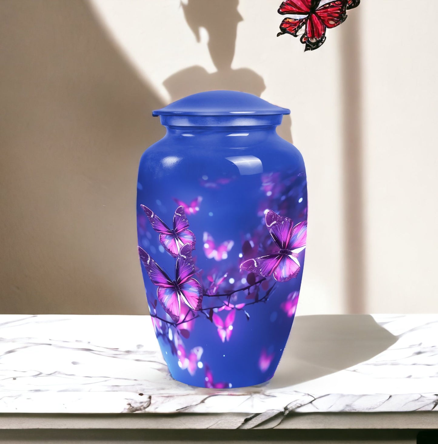 Elegant purple butterfly urn for human female ashes, ideal cremation urn for adult woman, suitable urns for mom burial.
