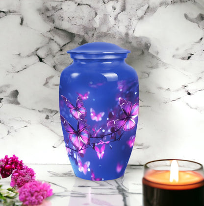 Elegant purple butterfly urn for human female ashes, ideal cremation urn for adult woman, suitable urns for mom burial.