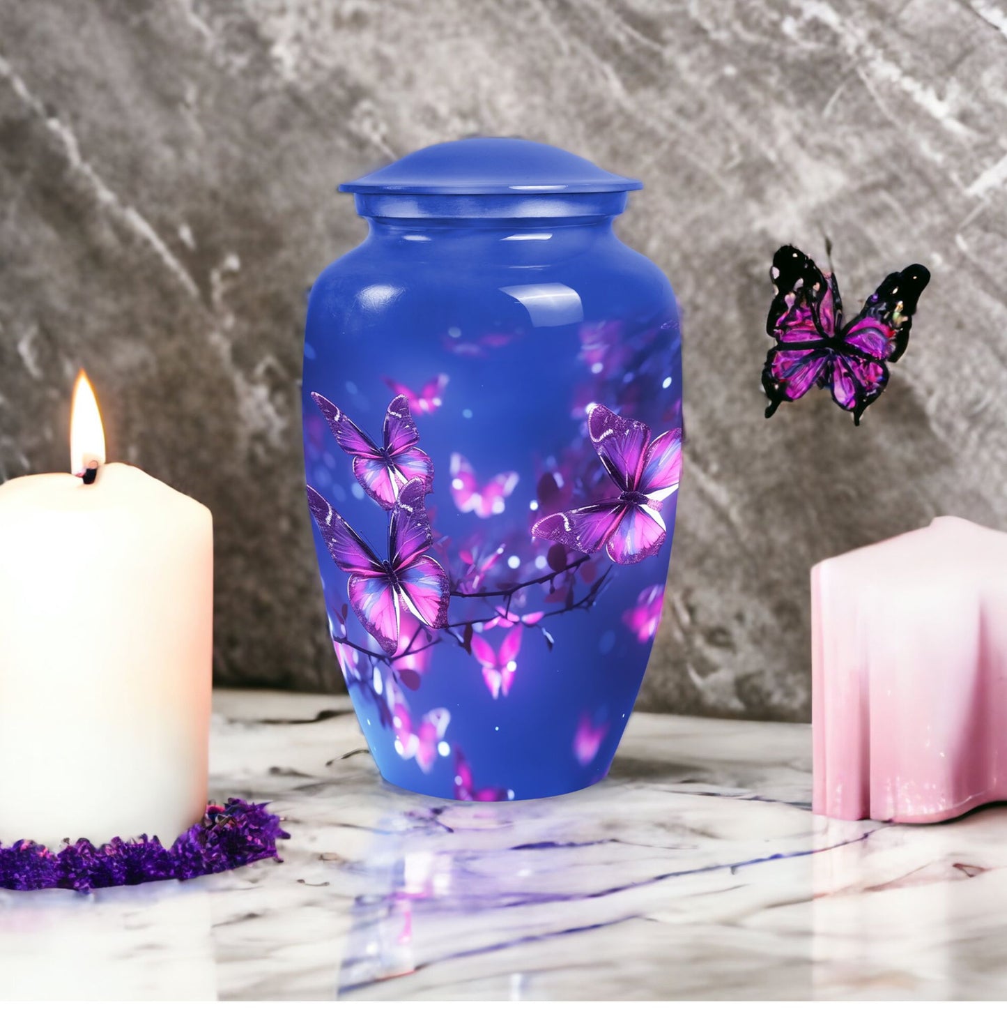 Elegant purple butterfly urn for human female ashes, ideal cremation urn for adult woman, suitable urns for mom burial.