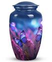 Cremation urn for adult ashes women, decorated with a butterfly on a purple urn