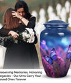 Cremation urn for adult ashes women, decorated with a butterfly on a purple urn