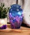 Cremation urn for adult ashes women, decorated with a butterfly on a purple urn