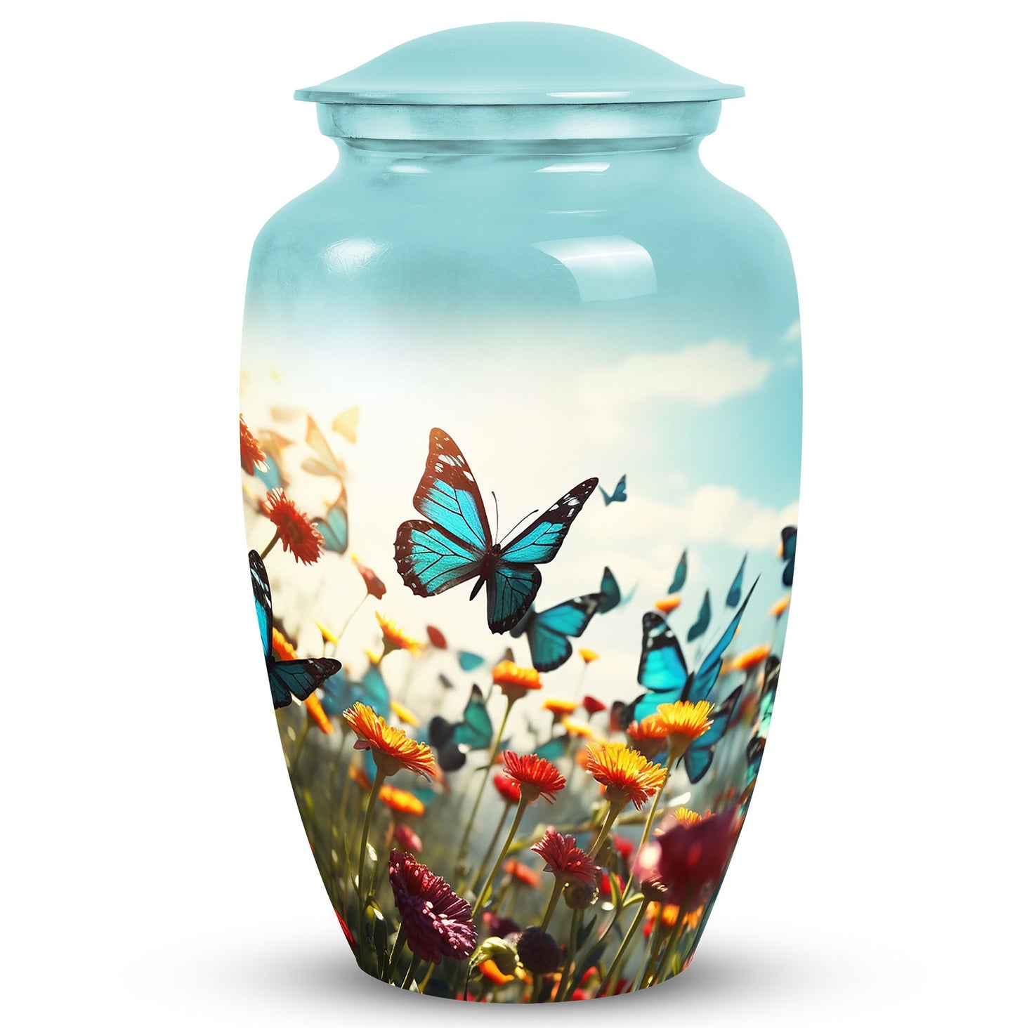 A vibrant and decorative Adult Cremation Urn adorned with colorful butterflies for human ashes.