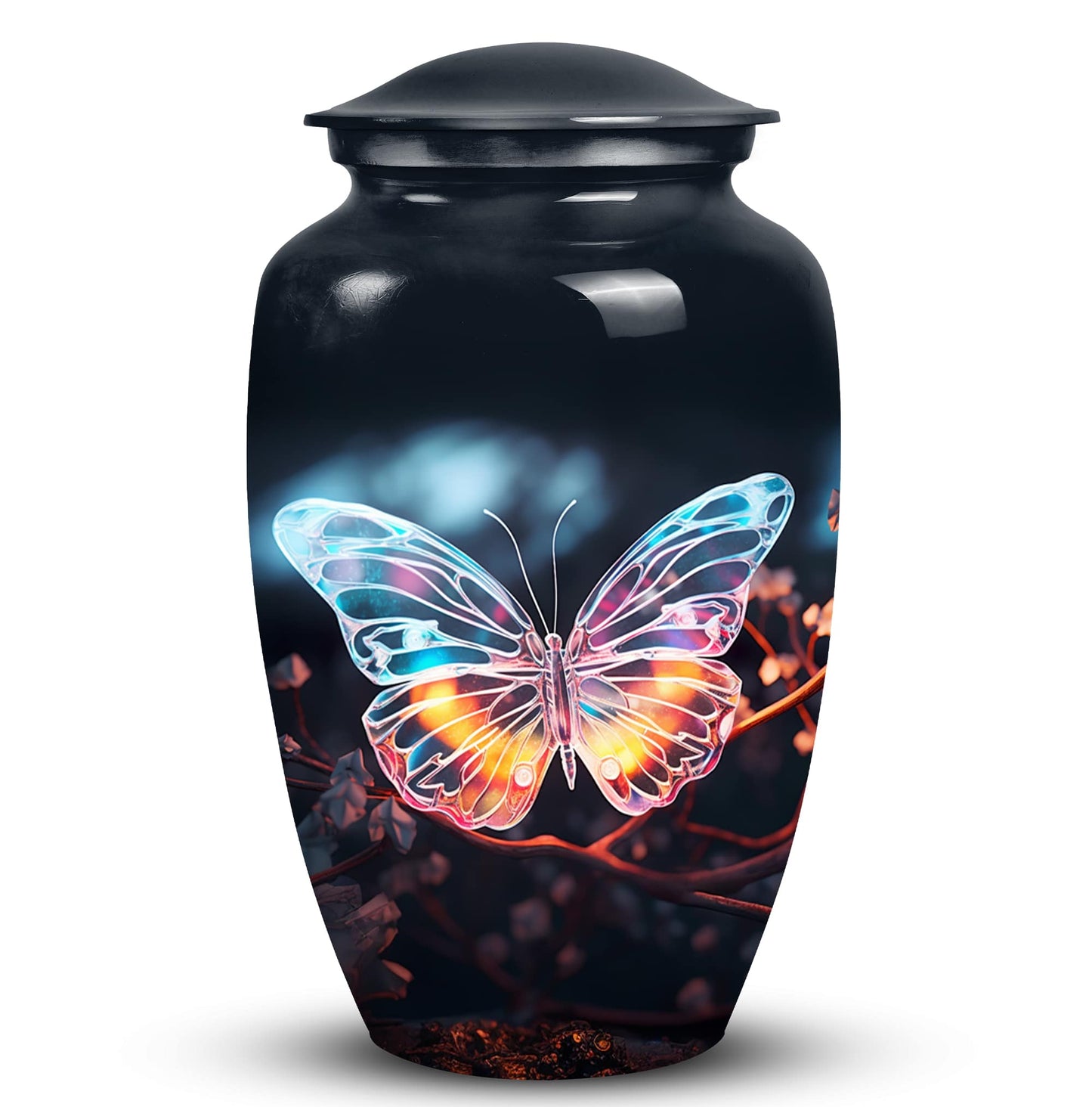 Medium-sized, unique butterfly burial urn for containing human ashes and suitable for in-ground burial
