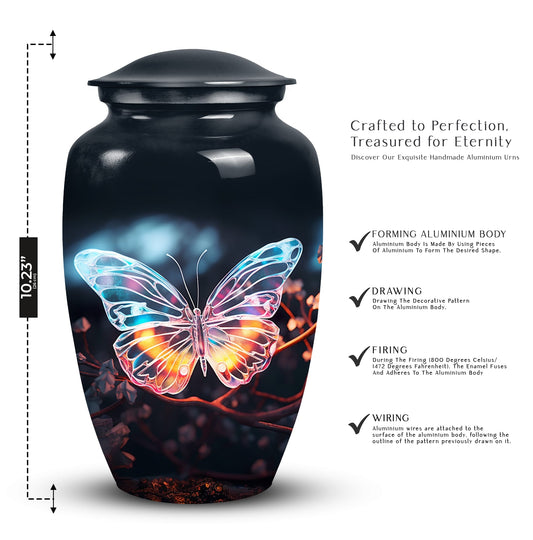 Medium-sized, unique butterfly burial urn for containing human ashes and suitable for in-ground burial